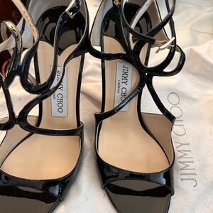 JIMMY CHOO Black Azia Patent Leather Ankle-Strap Heel Sandals Sz 40, 10 US